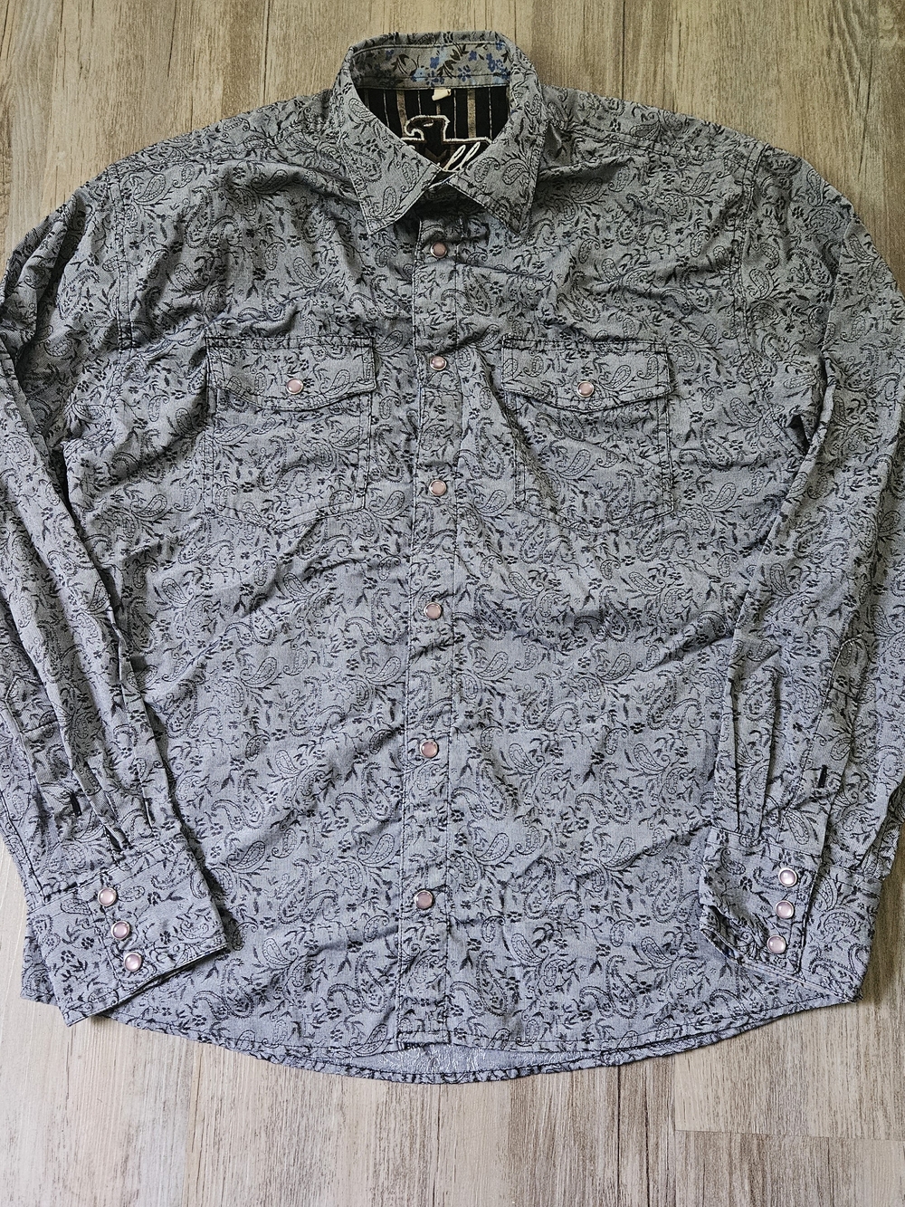 Scully Men's Gray Paisley Floral Western Pearl Snap Button-Up Shirt Small